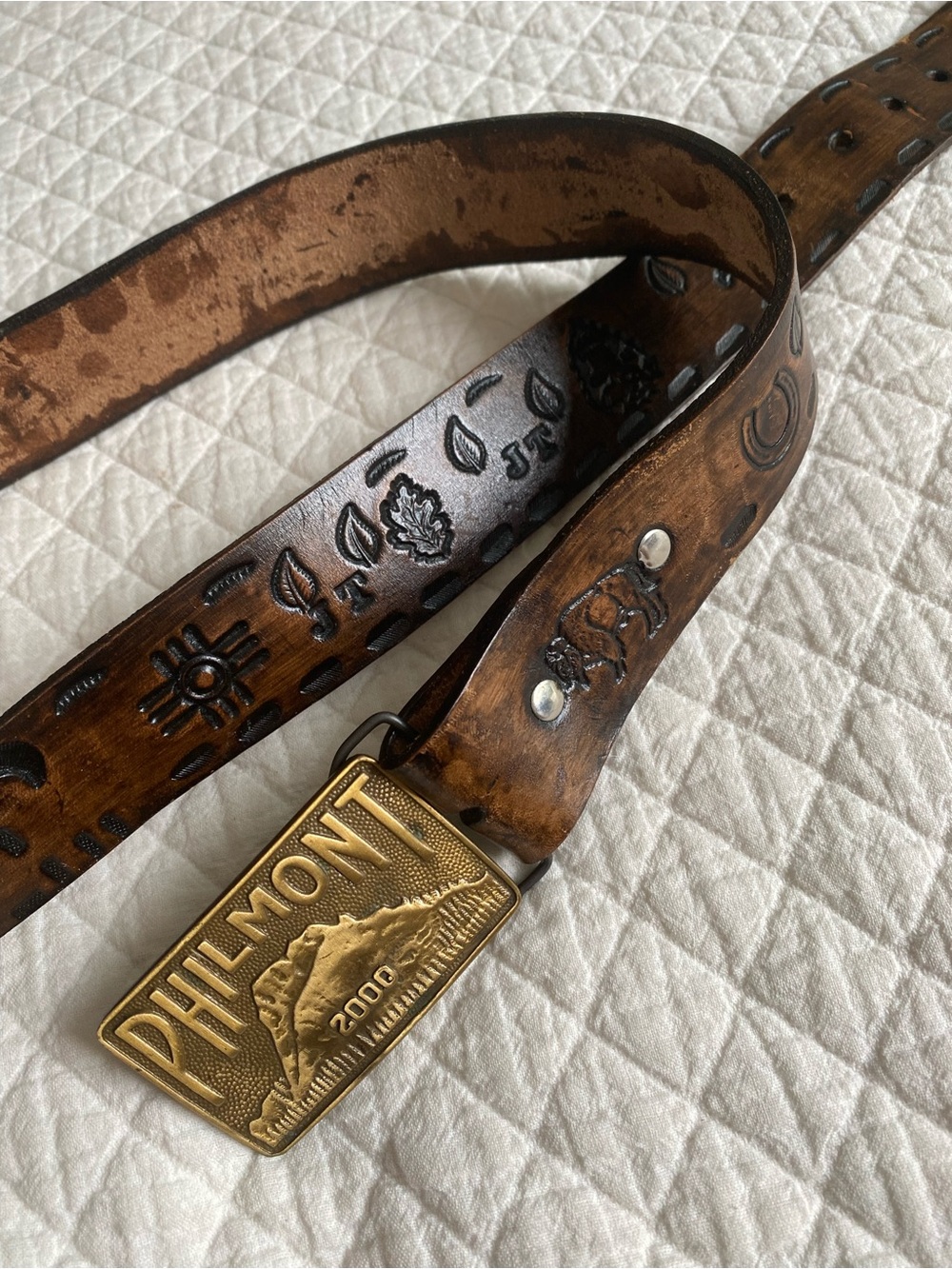 BSA Philmont Leather Tooled Belt Brass Buckle Vintage 2000 Western Boy Scouts 38